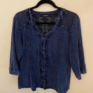 Compliments Womens Dark Wash Denim Top with Crochet Details 3/4 Sleeves Size XL